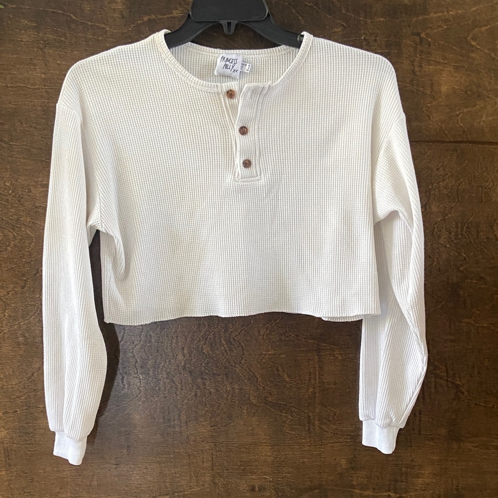 White Cropped Henley Long Sleeve Top, Princess Polly, size 4